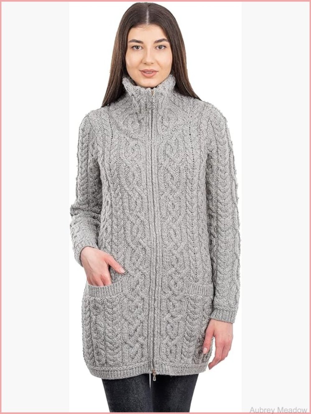 Irish Aran Zip Cardigan Merino Wool Coat with Pockets